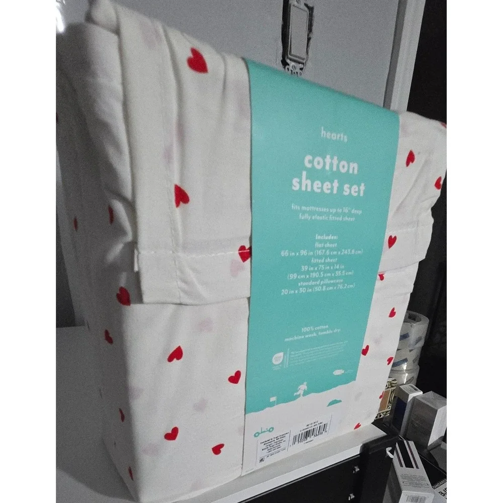 Pillowfort Twin Cotton Sheet Set Red Hearts White 220 Thread Count 3 Piece New